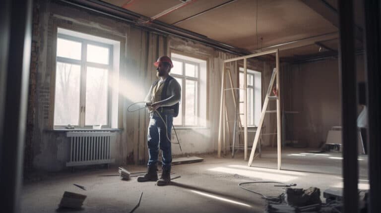 Un menuisier attentif, debout dans une pièce spacieuse et ensoleillée en cours de rénovation, avec des échafaudages et des matériaux de construction éparpillés au sol.