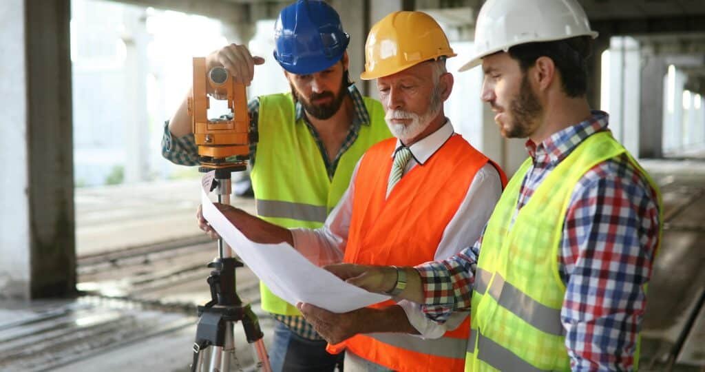 Trois ingénieurs en bâtiment portant des casques et gilets réfléchissants utilisent un théodolite sur un chantier de construction, discutant des plans et mesures, avec une structure en béton en arrière-plan.